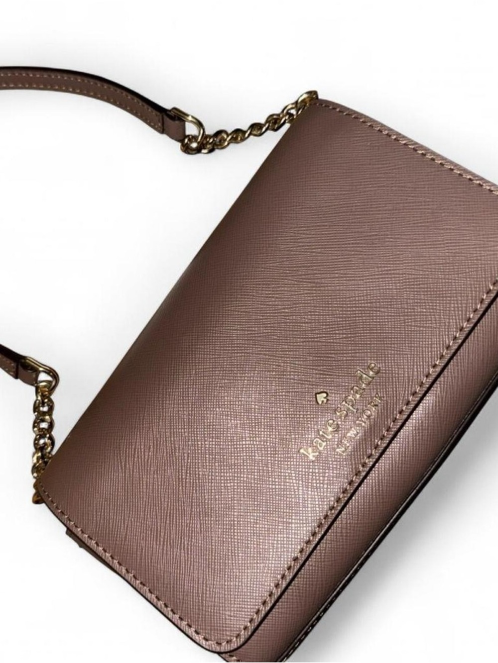kate spade taupe brown crossbody with gold chain